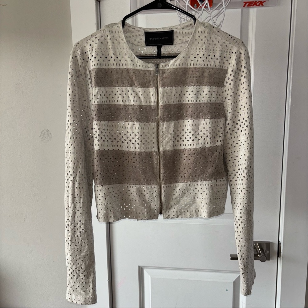 BCBGMaxAzria Dollce Womens Color-Blocked Perforated Suede Jacket Zip Size L